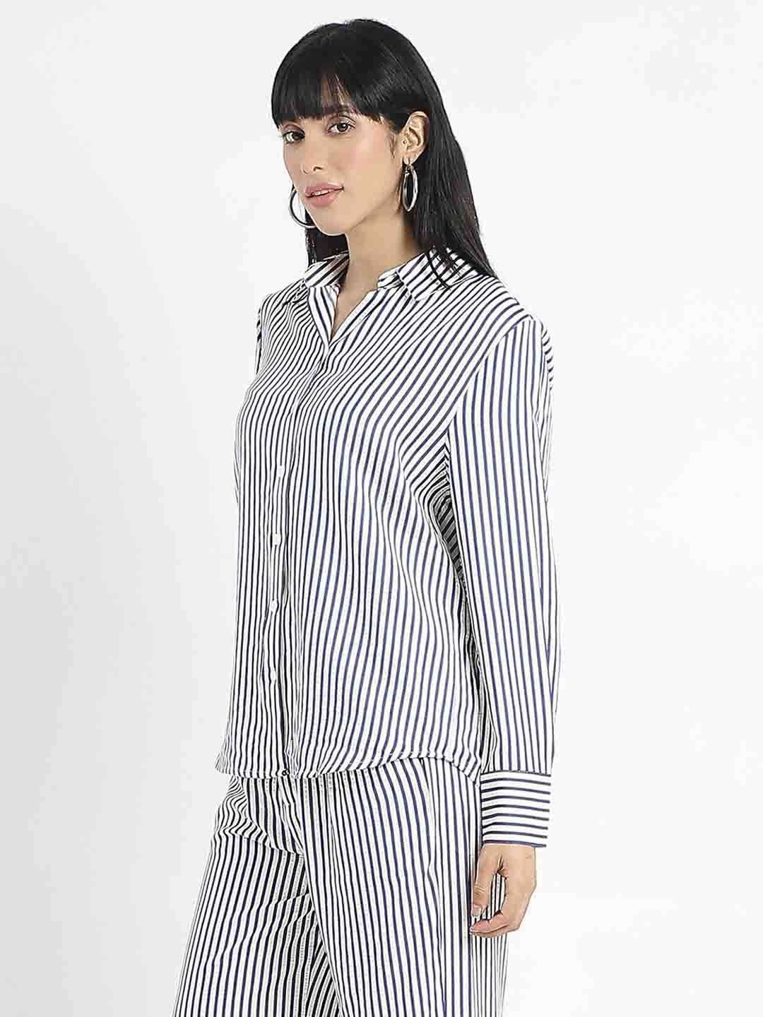 Madame Striped Navy Blue Cotton Blend Shirt