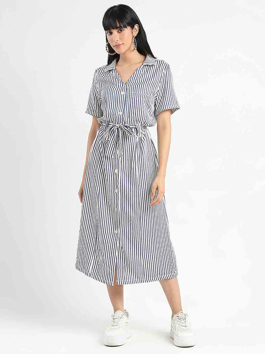 Madame Striped Navy Blue Midi Shirt Dress