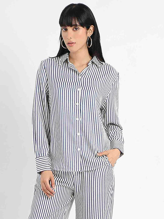 Madame Striped Navy Blue Cotton Blend Shirt
