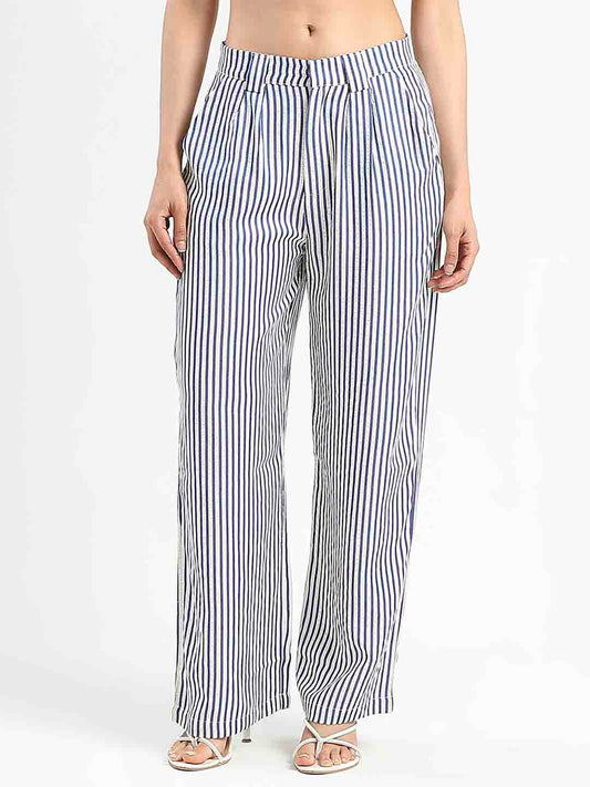 Madame Striped Wide Leg Viscose Blend Navy Blue Trousers