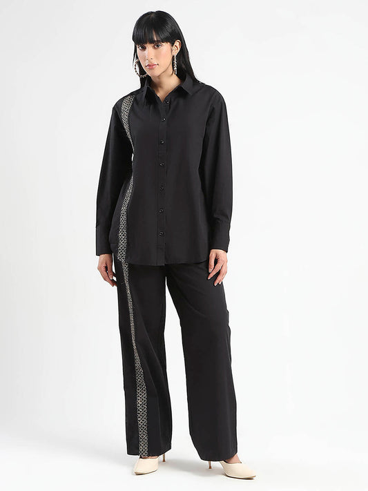 Madame Textured Shirt and Bottoms Black Co-ord Set