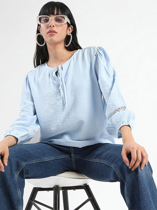 Madame Tie Neck Powder Blue Rayon Blend Top
