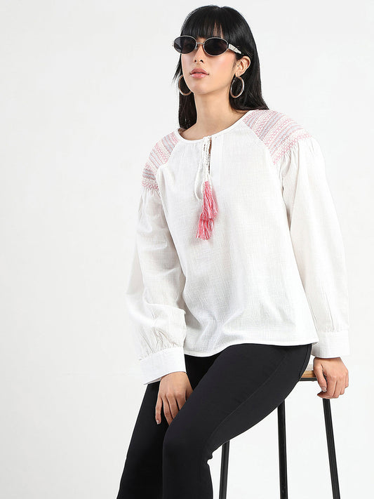 Madame Tie Neck Cotton Blend White Top